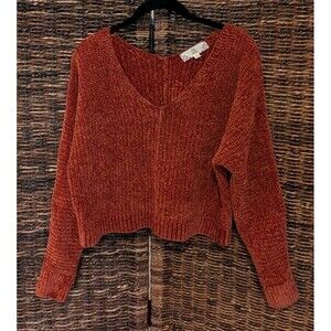 Pink Rose Chenille Crop V Neck Sweater Women XS Burnt Orange Fall Boho Cozy Soft